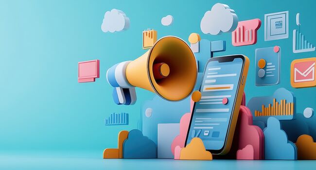 Ein Handy lehnt an wolkenförmigen Zierelementen und davor schwebt ein Megaphon