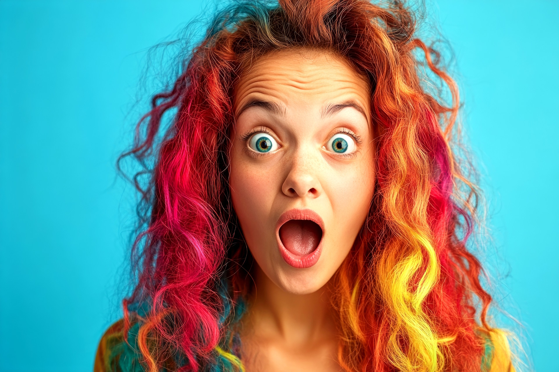 überzogen erstaunt schauende Frau mit braun-rot-gelben Haaren