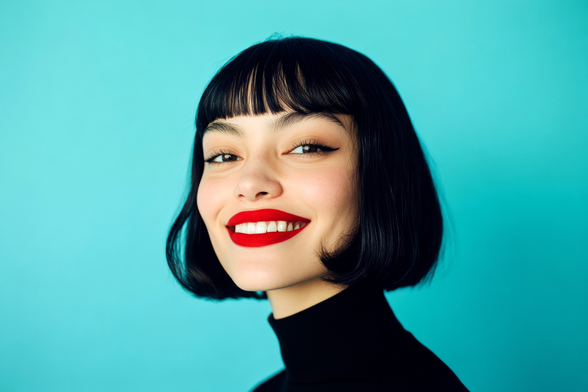 Frau mit halblangem schwarzen Haar und einem schwarzen Pullover